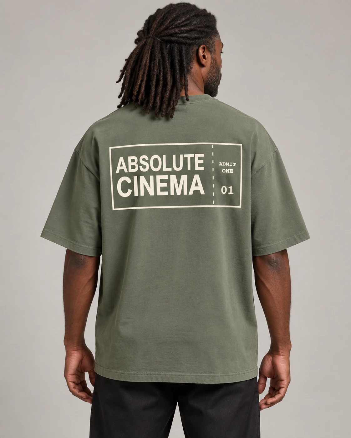 Absolute Cinema in Moss, unisex oversized tee, back view