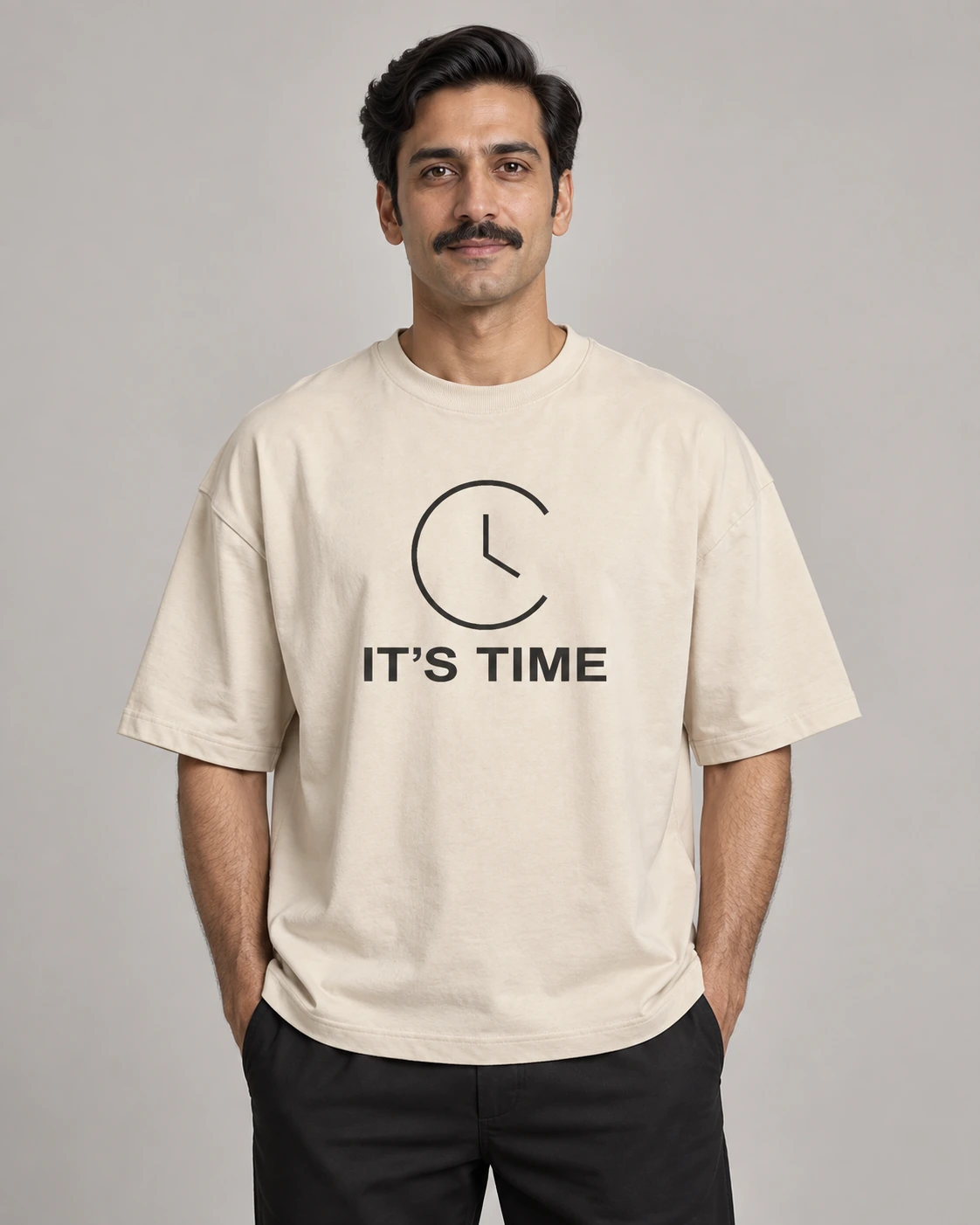 It’s Time in Bone, unisex oversized tee, front view