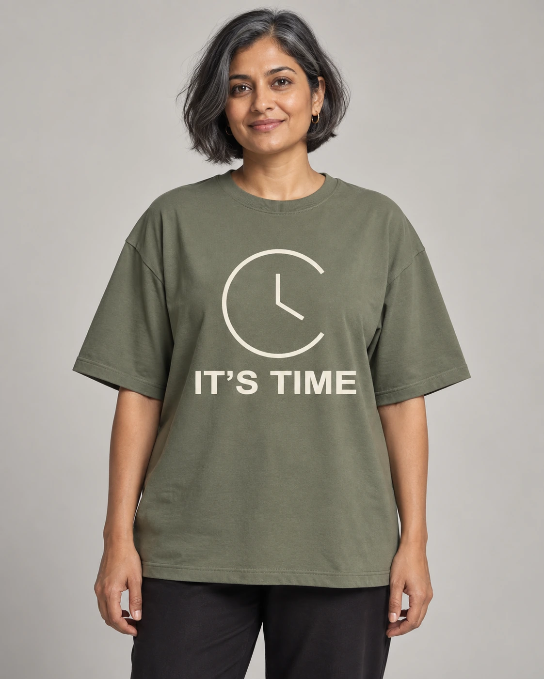 It’s Time in Moss, unisex oversized tee, front view