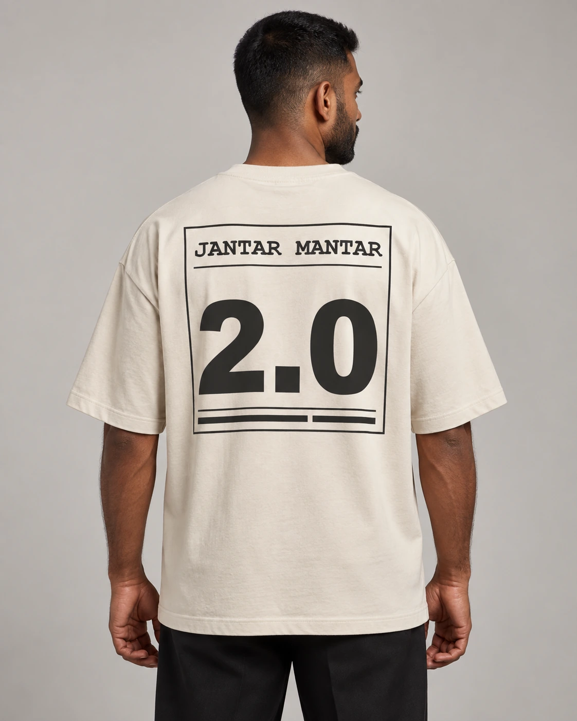 Jantar Mantar 2.0 in Bone, unisex oversized tee, back view