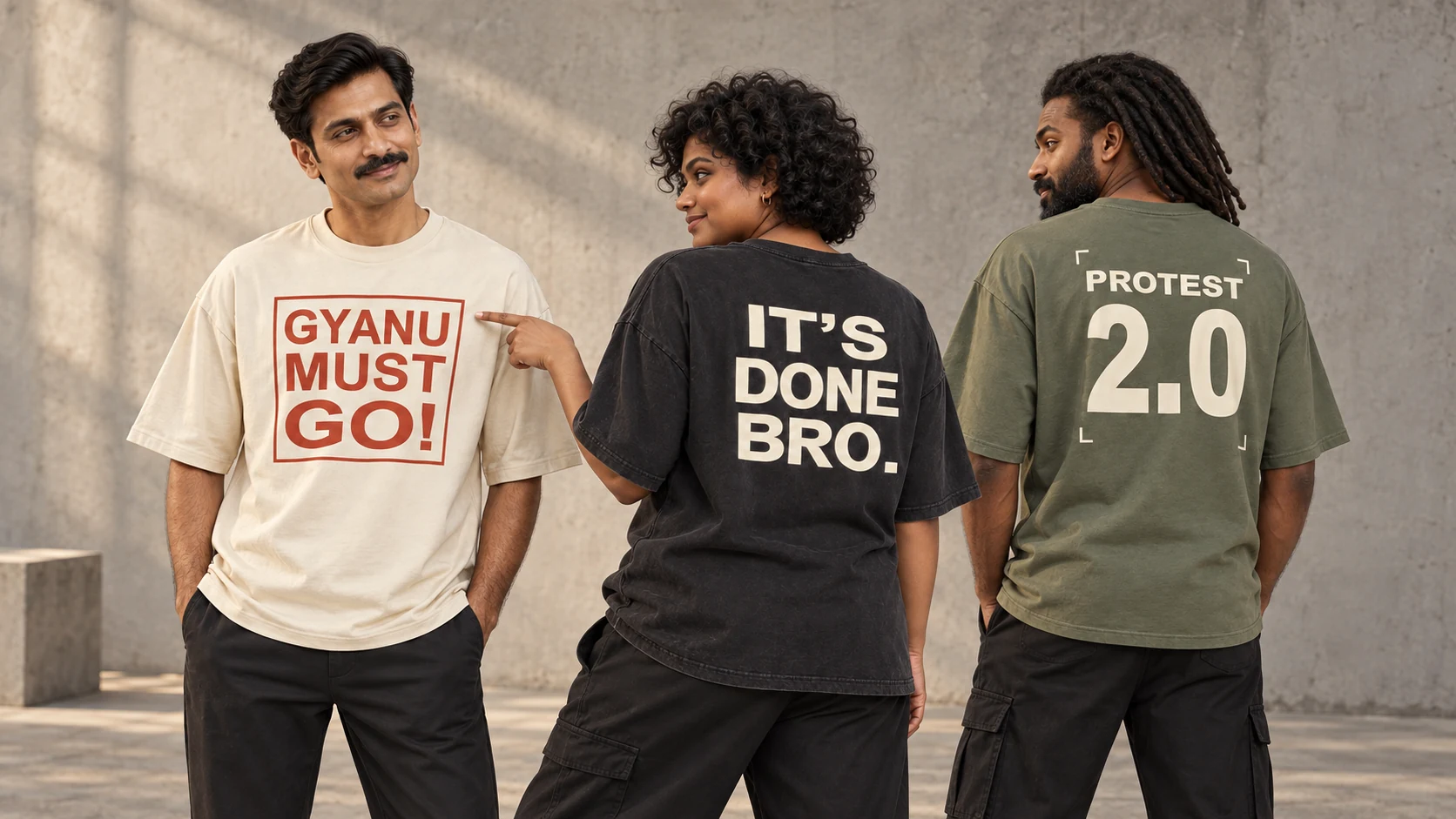 Three Indian models wearing Gyanu Must Go, It’s Done Bro and Protest 2.0 oversized T-shirts